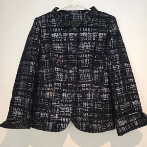 Caractère Italy Navy & Silver Button-Up Textured Tweed Chanel Style Jacket US 8